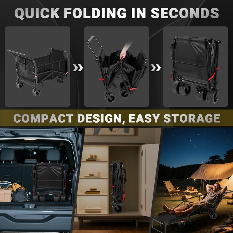 2-in-1 Collapsible Garden Wagon & Beach Chair – 650lbs Heavy Duty Folding Utility Cart with All-Terrain Wheels for Camping, Grocery & Outdoor Use