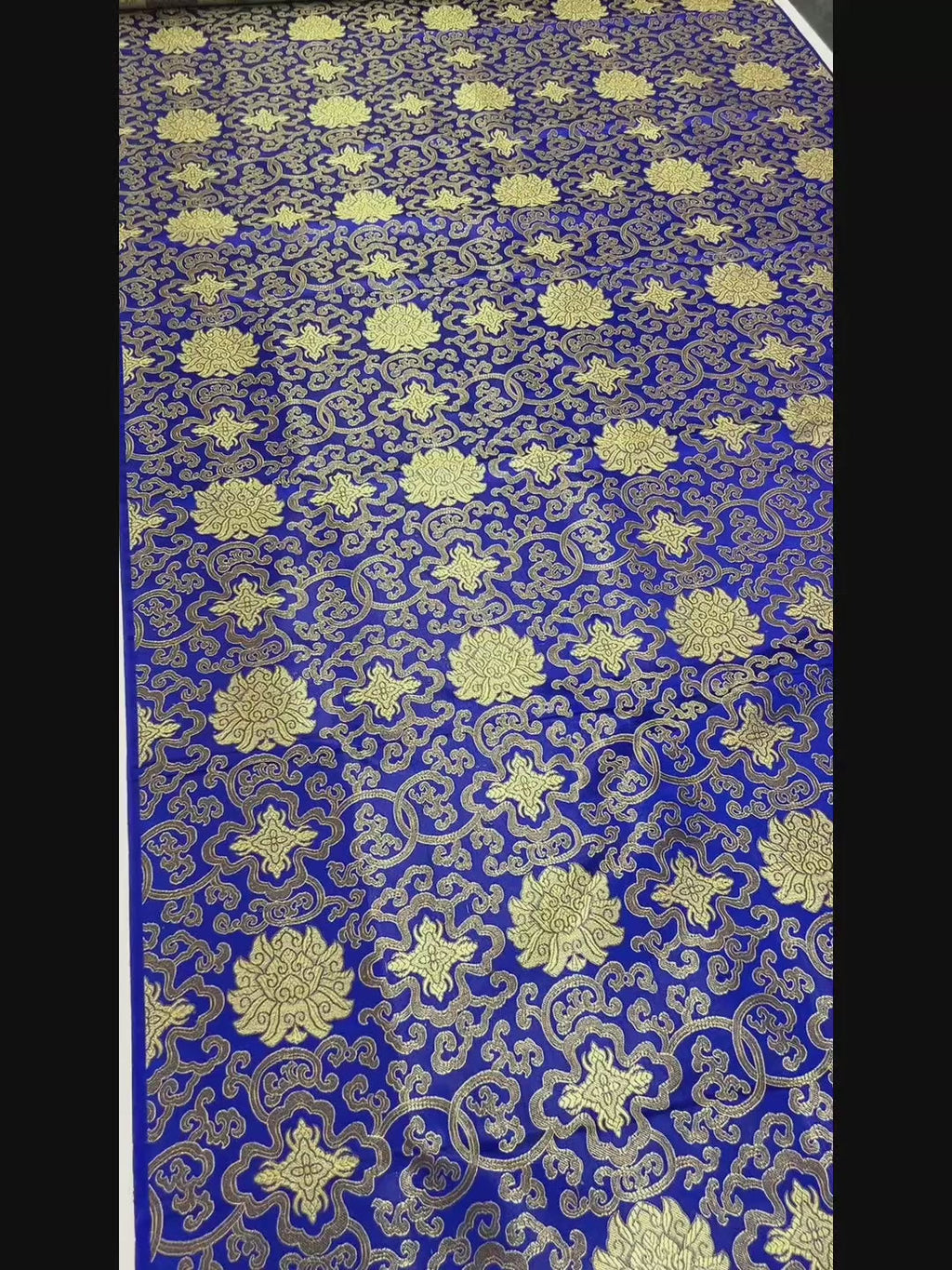 Royal Blue Glossy Satin Brocade - Golden Geometric Jacquard Fabric