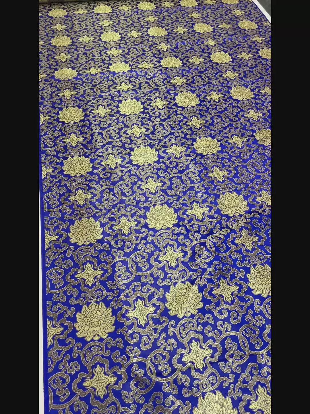 Royal Blue Glossy Satin Brocade - Golden Geometric Jacquard Fabric