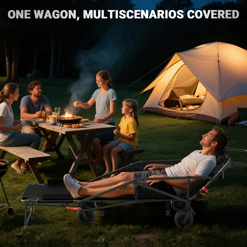 2-in-1 Collapsible Garden Wagon & Beach Chair – 650lbs Heavy Duty Folding Utility Cart with All-Terrain Wheels for Camping, Grocery & Outdoor Use