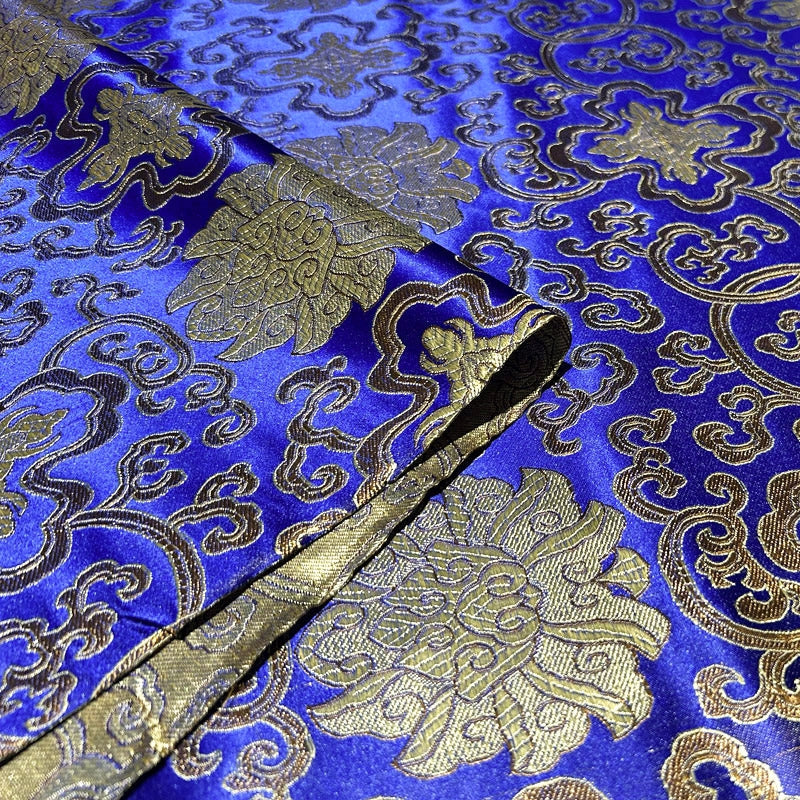 Royal Blue Glossy Satin Brocade - Golden Geometric Jacquard Fabric