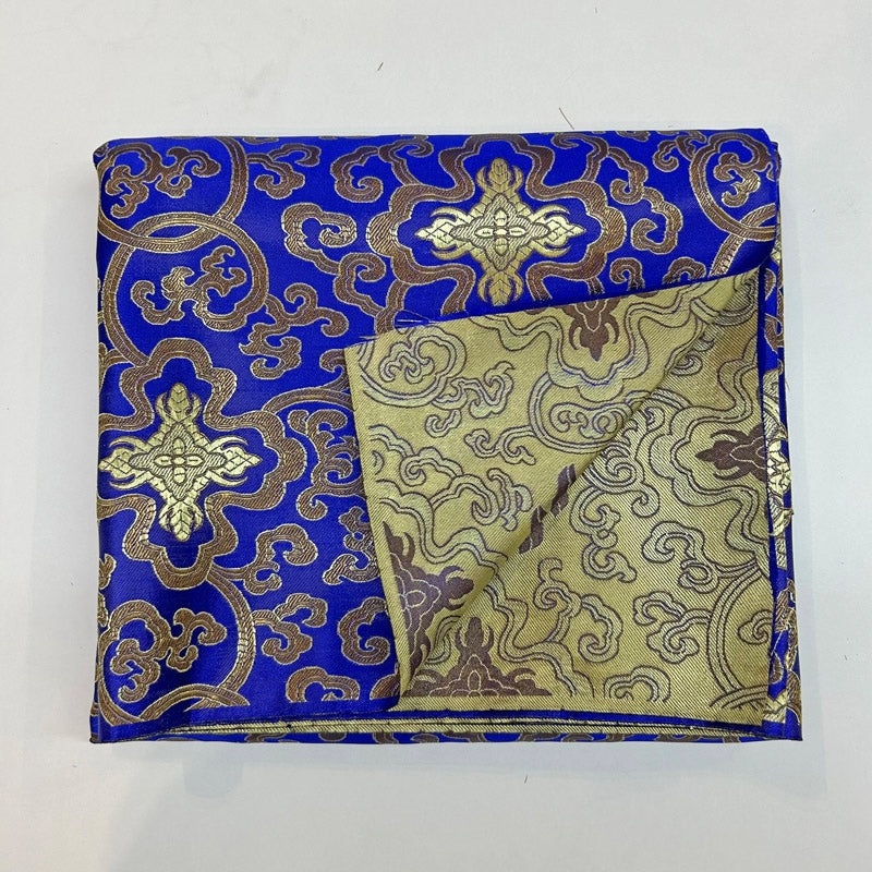 Royal Blue Glossy Satin Brocade - Golden Geometric Jacquard Fabric