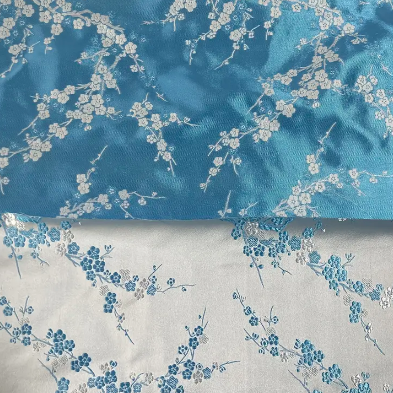 Chinese Satin Brocade - Romantic Blue White Plum Blossom