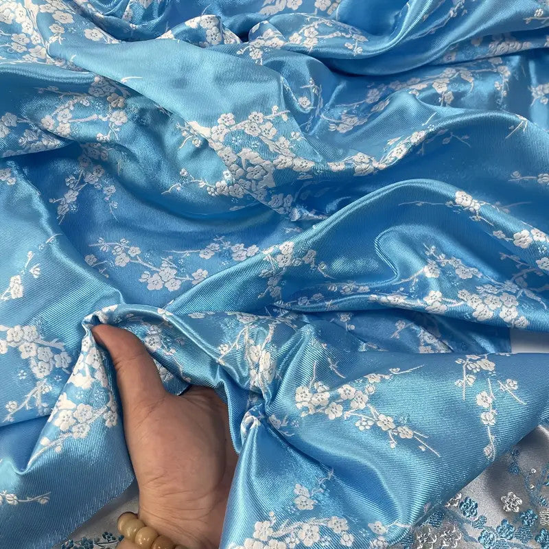 Chinese Satin Brocade - Romantic Blue White Plum Blossom