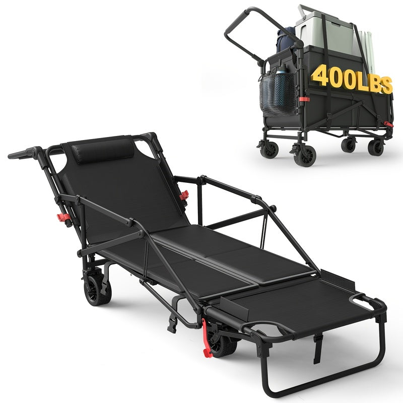 2-in-1 Collapsible Garden Wagon & Beach Chair – 650lbs Heavy Duty Folding Utility Cart with All-Terrain Wheels for Camping, Grocery & Outdoor Use