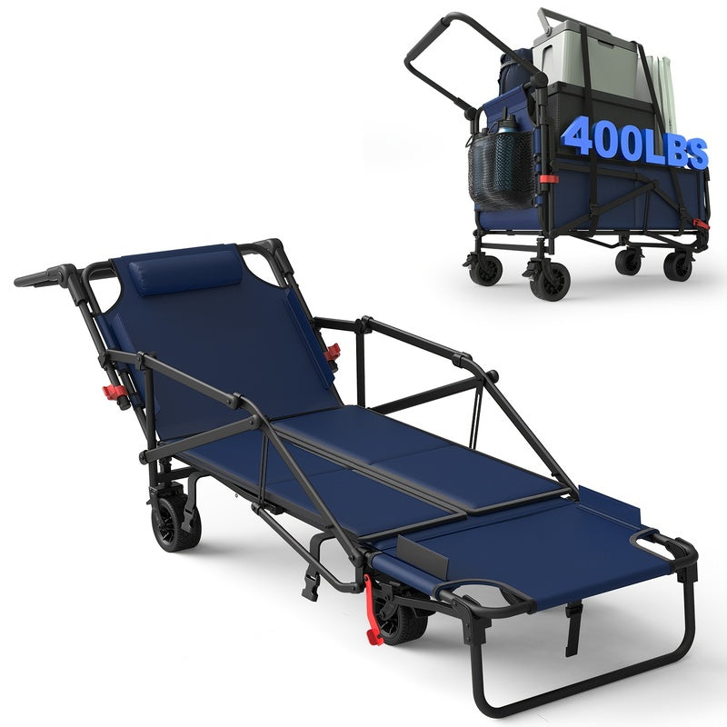 2-in-1 Collapsible Garden Wagon & Beach Chair – 650lbs Heavy Duty Folding Utility Cart with All-Terrain Wheels for Camping, Grocery & Outdoor Use