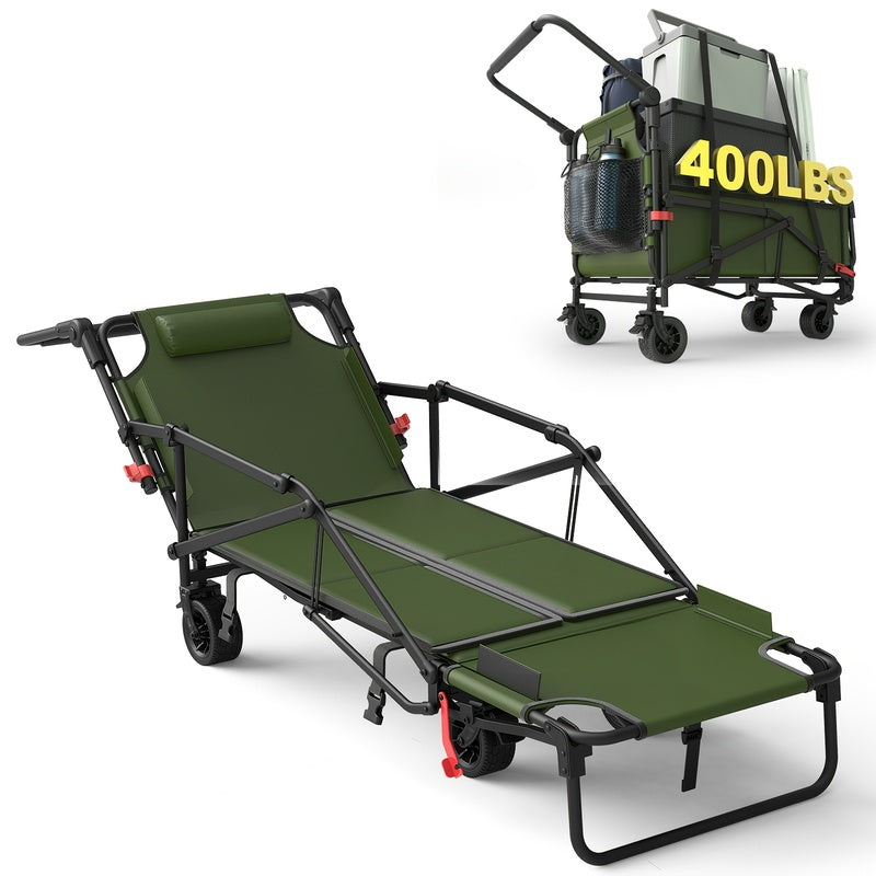 2-in-1 Collapsible Garden Wagon & Beach Chair – 650lbs Heavy Duty Folding Utility Cart with All-Terrain Wheels for Camping, Grocery & Outdoor Use