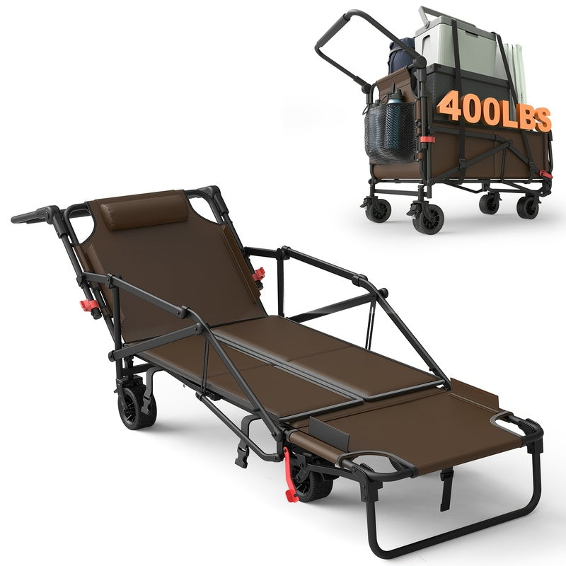 2-in-1 Collapsible Garden Wagon & Beach Chair – 650lbs Heavy Duty Folding Utility Cart with All-Terrain Wheels for Camping, Grocery & Outdoor Use