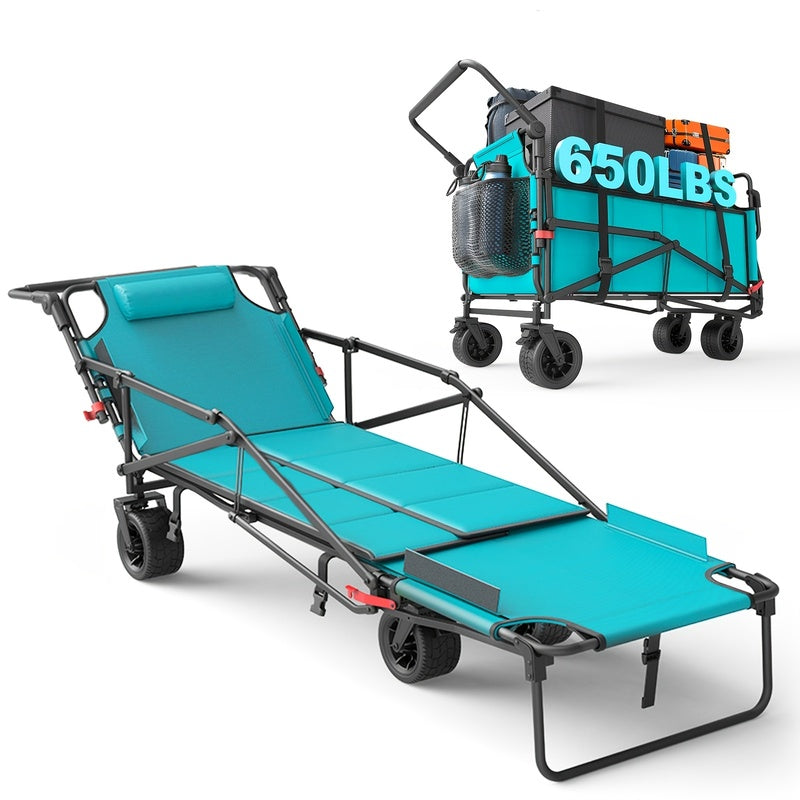 2-in-1 Collapsible Garden Wagon & Beach Chair – 650lbs Heavy Duty Folding Utility Cart with All-Terrain Wheels for Camping, Grocery & Outdoor Use