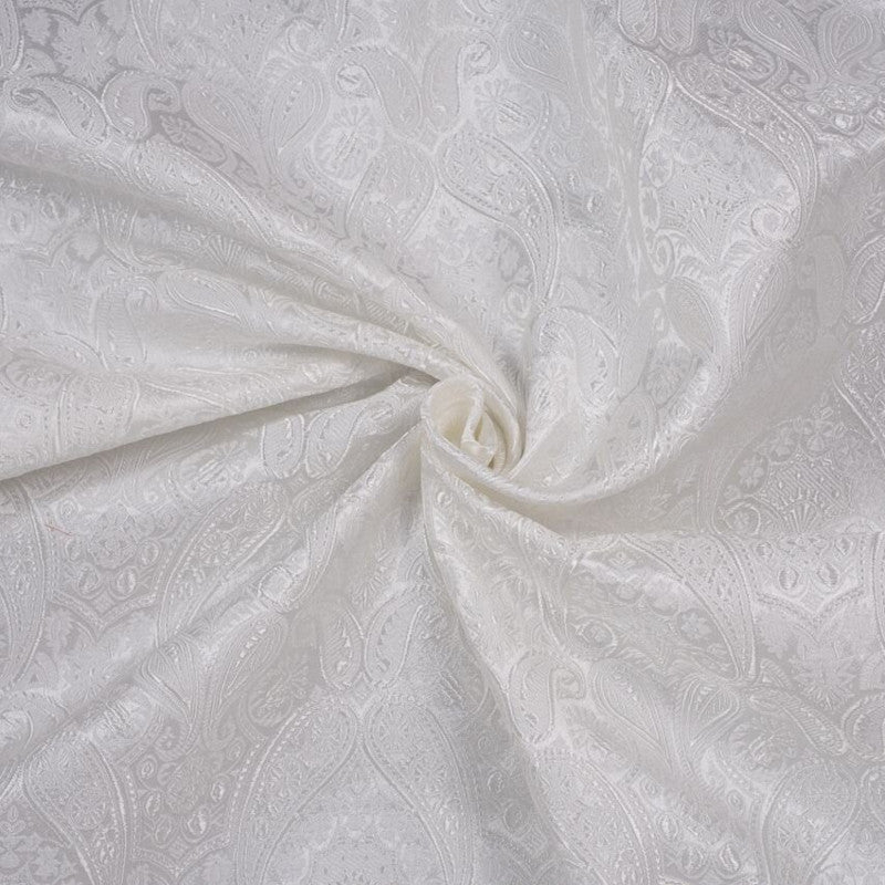 Classical Paisley Satin Brocade - White Woven Jacquard Textile
