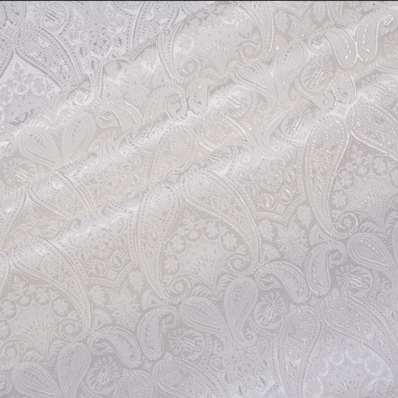 Classical Paisley Satin Brocade - White Woven Jacquard Textile